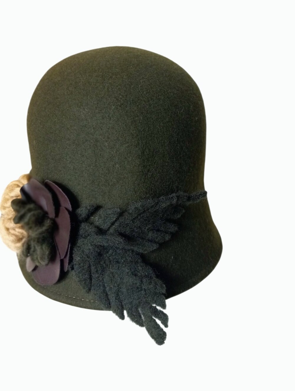 Alessandra Bacci 100% Wool Womens Olive Felt Cloche Hat with Floral Accent